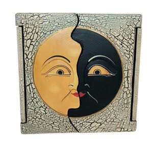 Celestial Sun And Moon Small Wood Cabinet Box 2 Shelves Rows Black Yellow 7.5x2